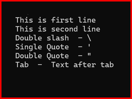 Picture showing the output of Escape sequence in python